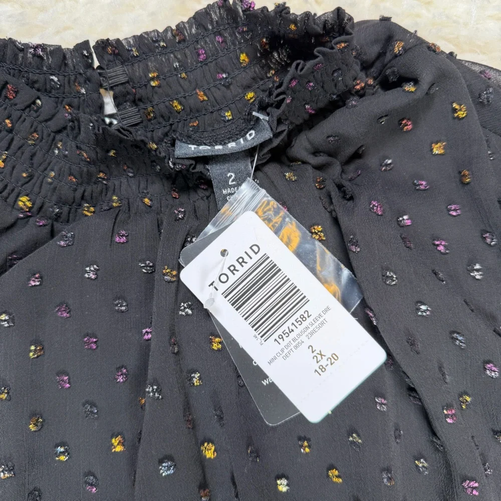 Torrid Mini Rainbow Clip Dot Blouson Sleeve Dress Black Size 2 (18/20) - Picture 6 of 7